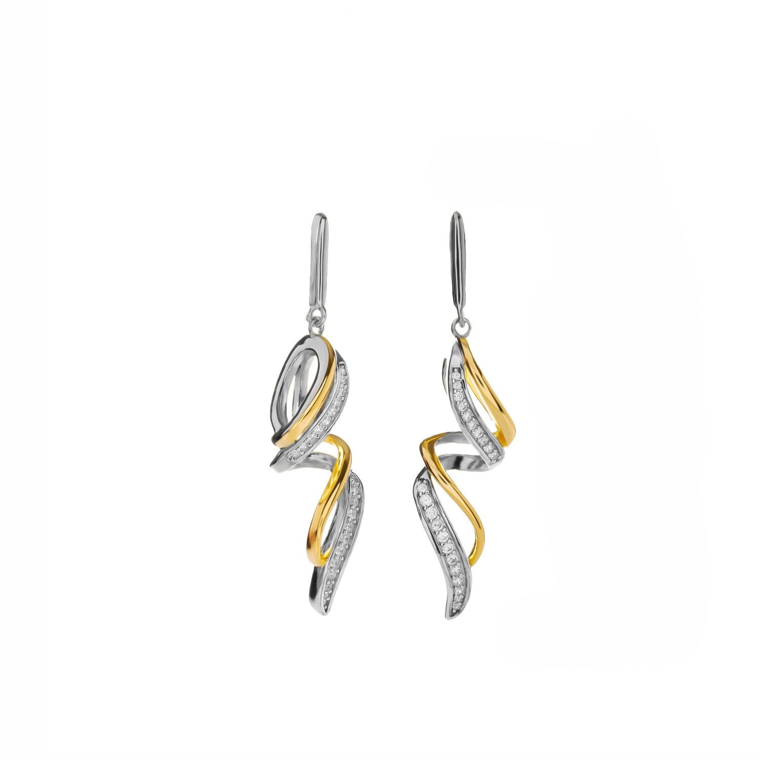 Boucles d'oreilles bicolores argentées ornées de zirconiums cubiques en spirale