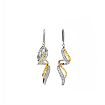 Two-tone silver earrings with spiral design cubic zirconia