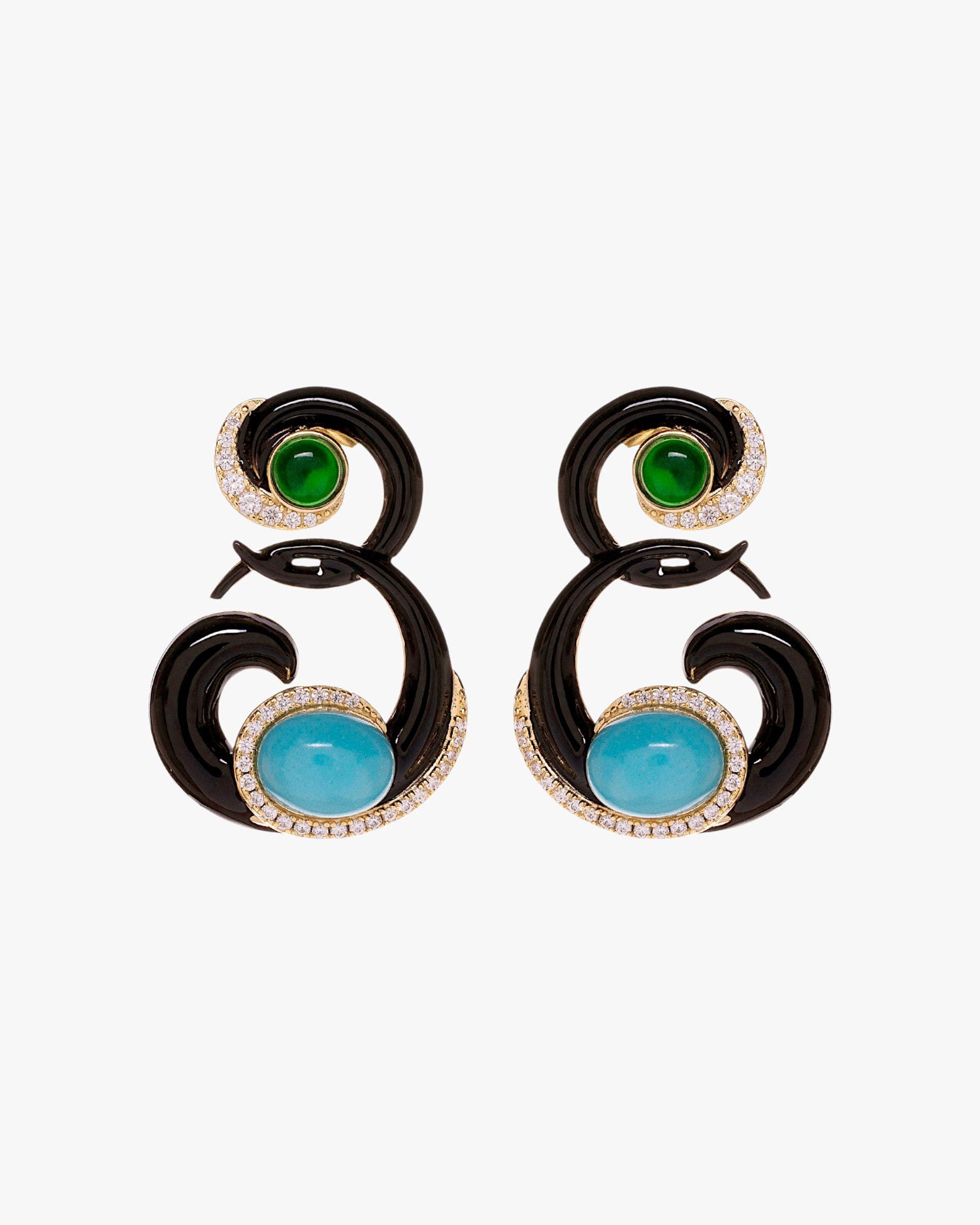 Boucles d'oreilles en argent plaqué or, émail noir et pierres turquoises