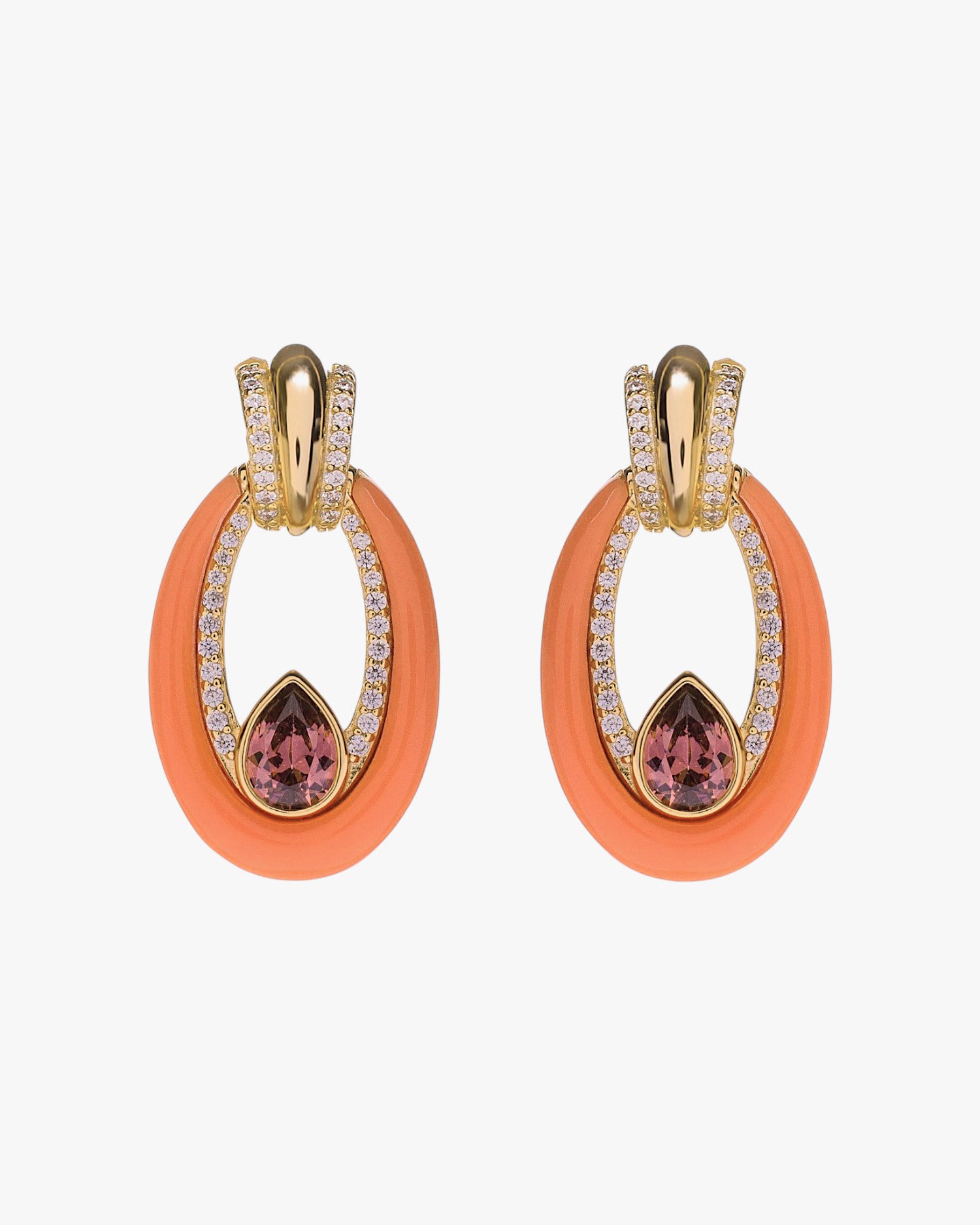 Boucles d'oreilles goutte en argent plaqué or avec émail corail