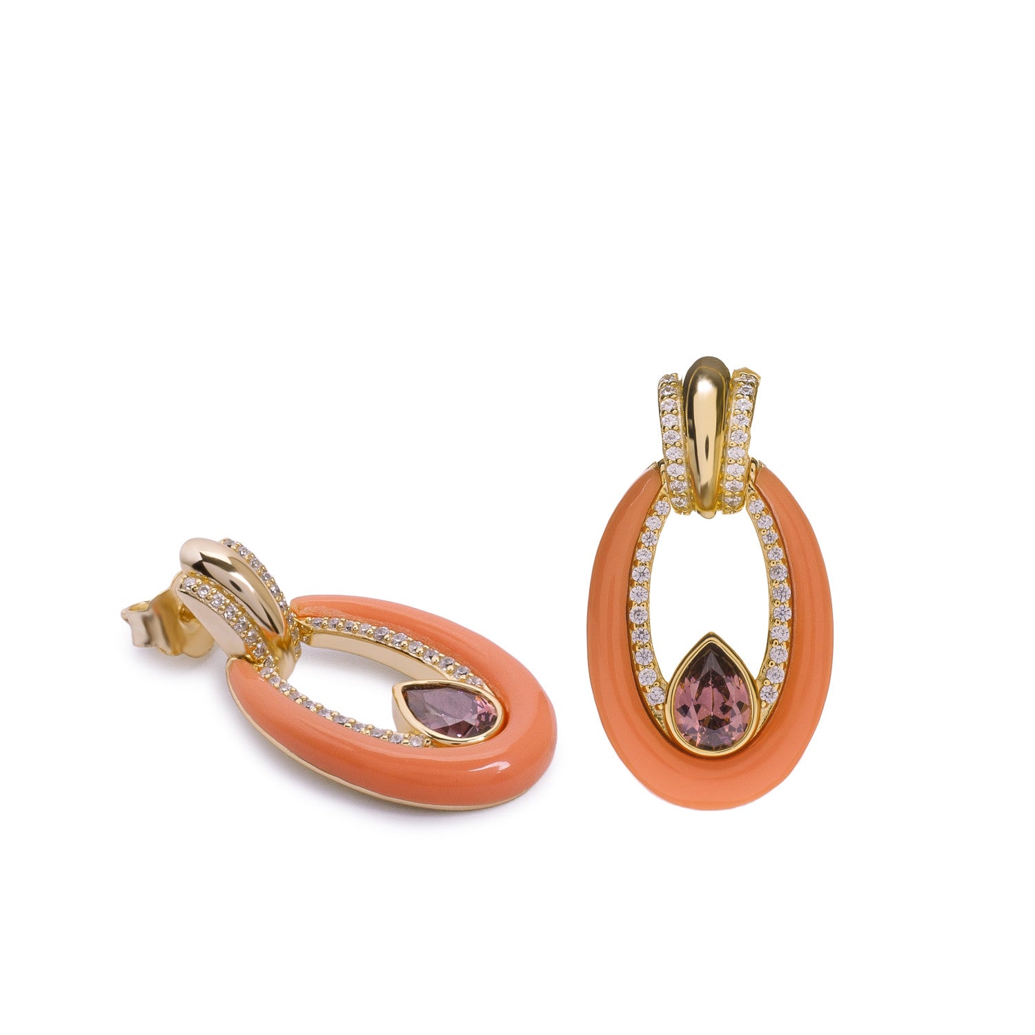 Pendientes gota de plata bañada en oro con esmalte coral