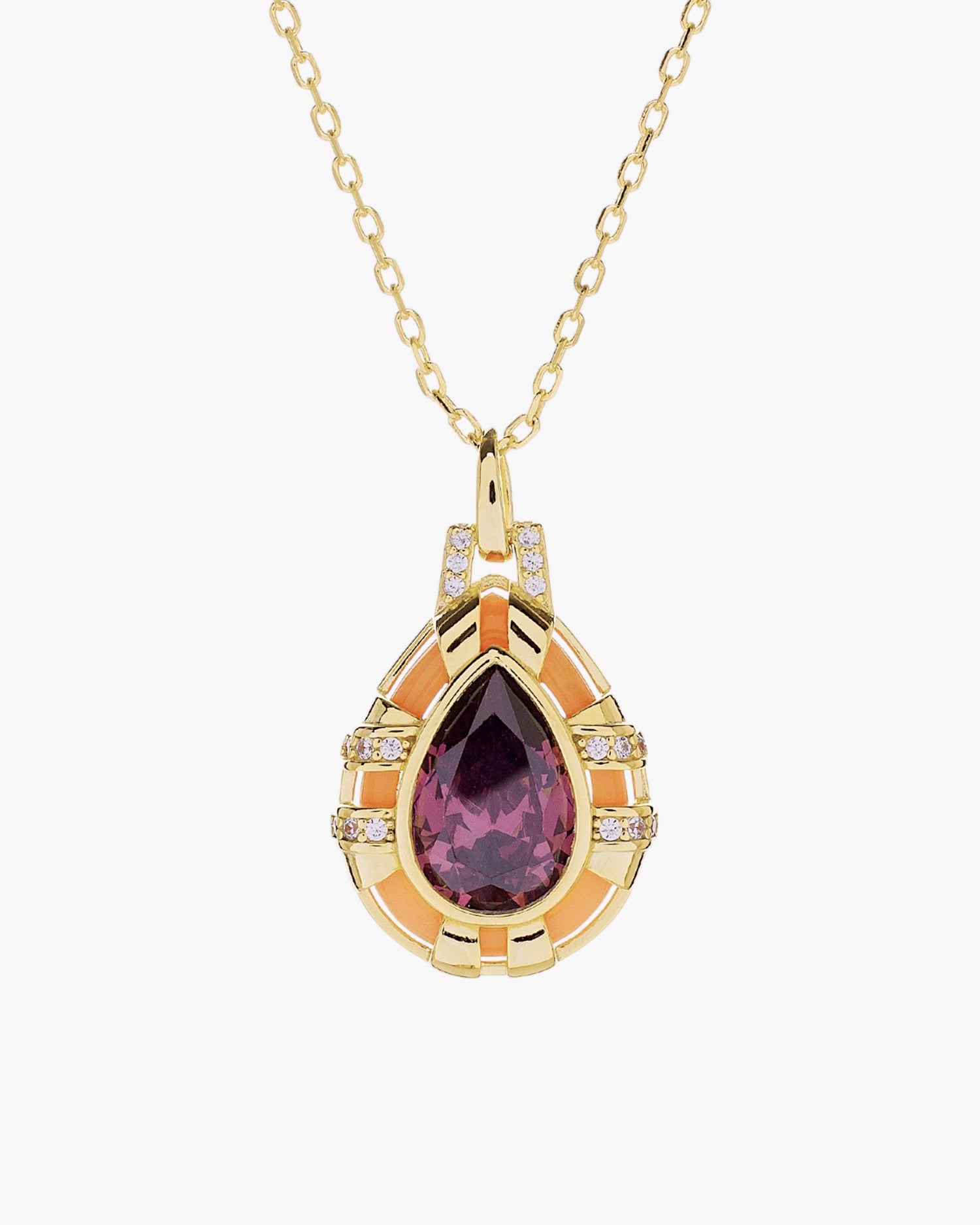 Pendentif goutte en argent plaqué or et émail corail