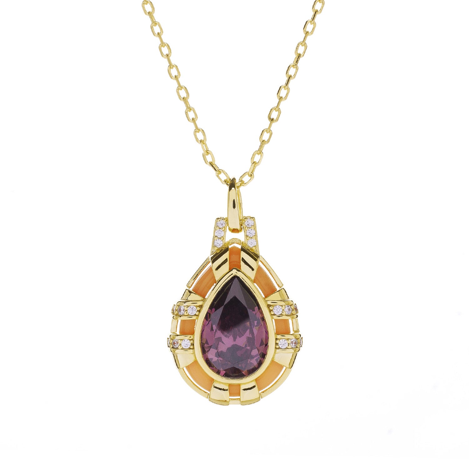 Colgante gota de plata bañada en oro con esmalte coral