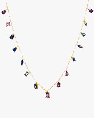 Collar lluvia azul & violeta en plata bañada en oro con piedras colgantes