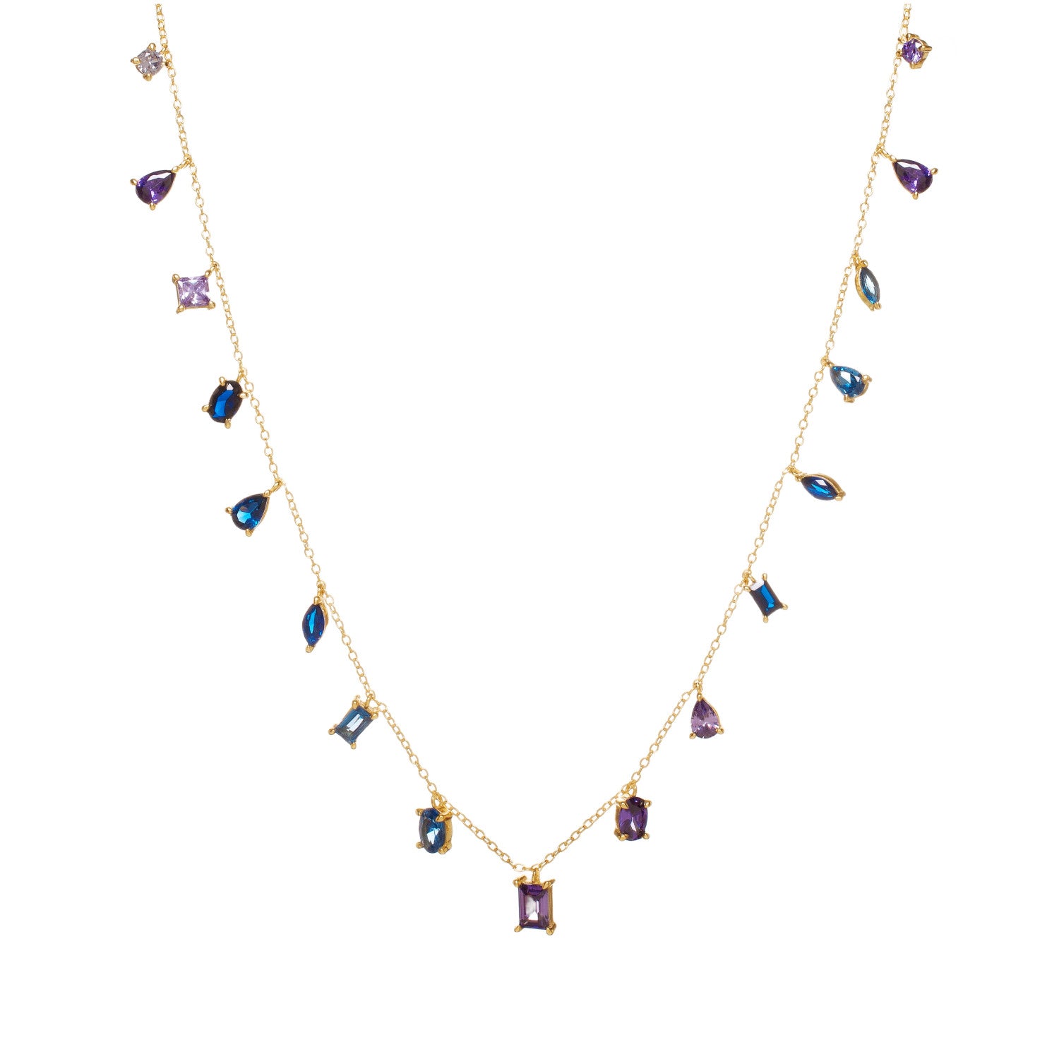 Collar lluvia azul & violeta en plata bañada en oro con piedras colgantes