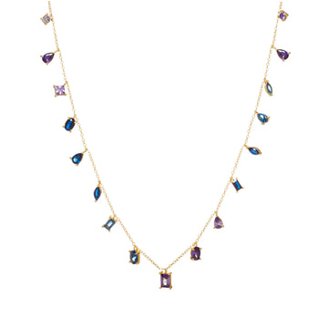 Collar lluvia azul & violeta en plata bañada en oro con piedras colgantes