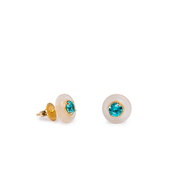 Pendientes botón dorados con disco nacarado y turquesa