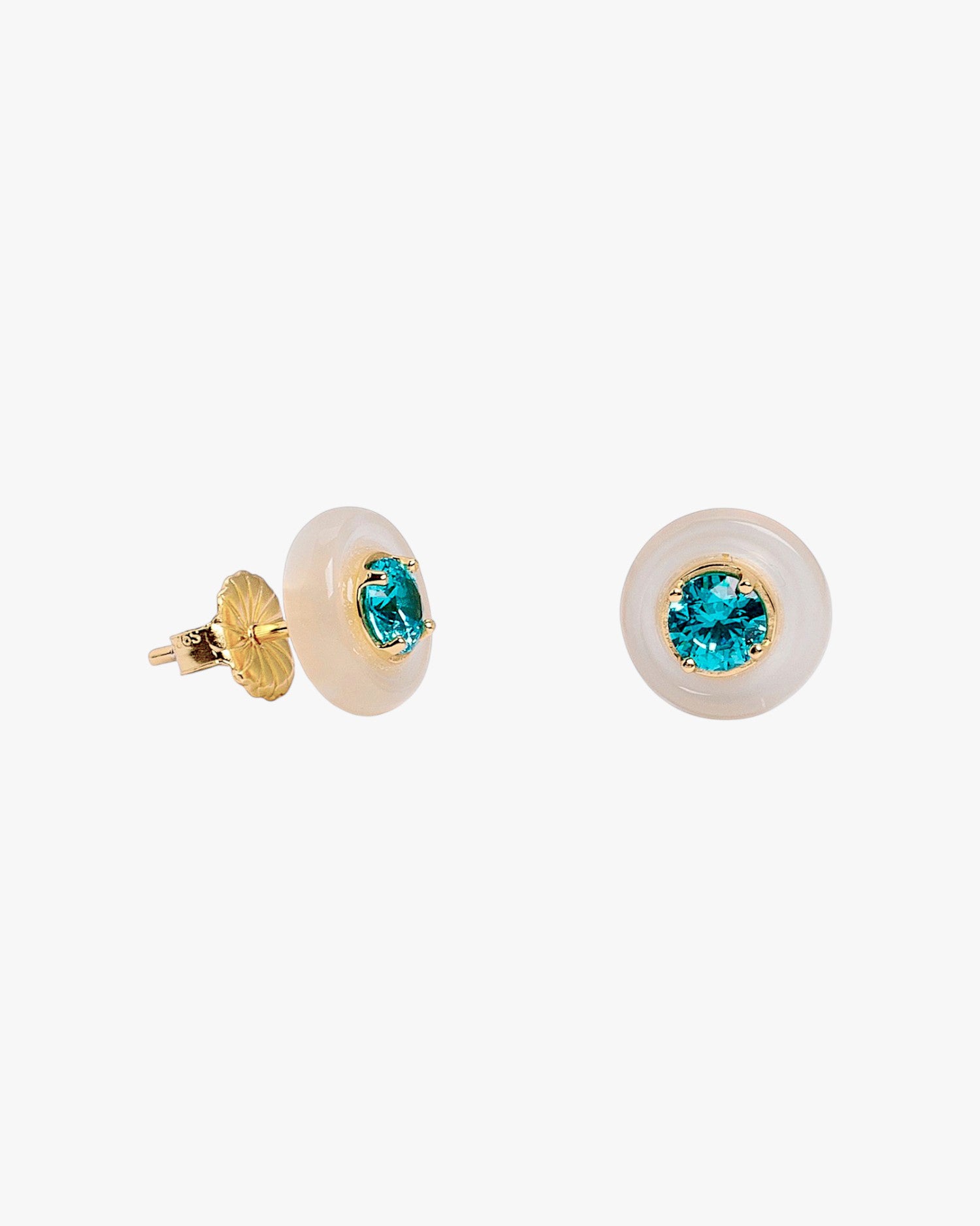 Gold stud earrings with mother-of-pearl and turquoise disc
