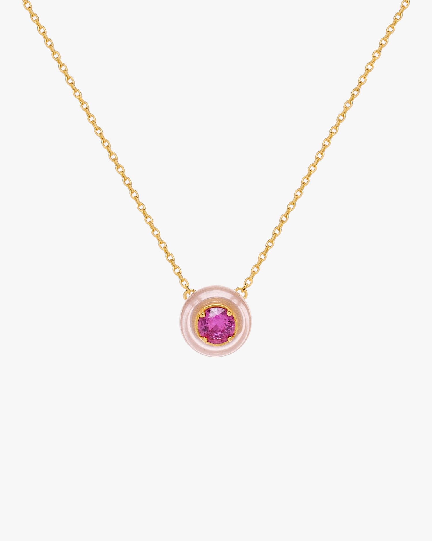Collar dorado con colgante disco rosa y circonita fucsia
