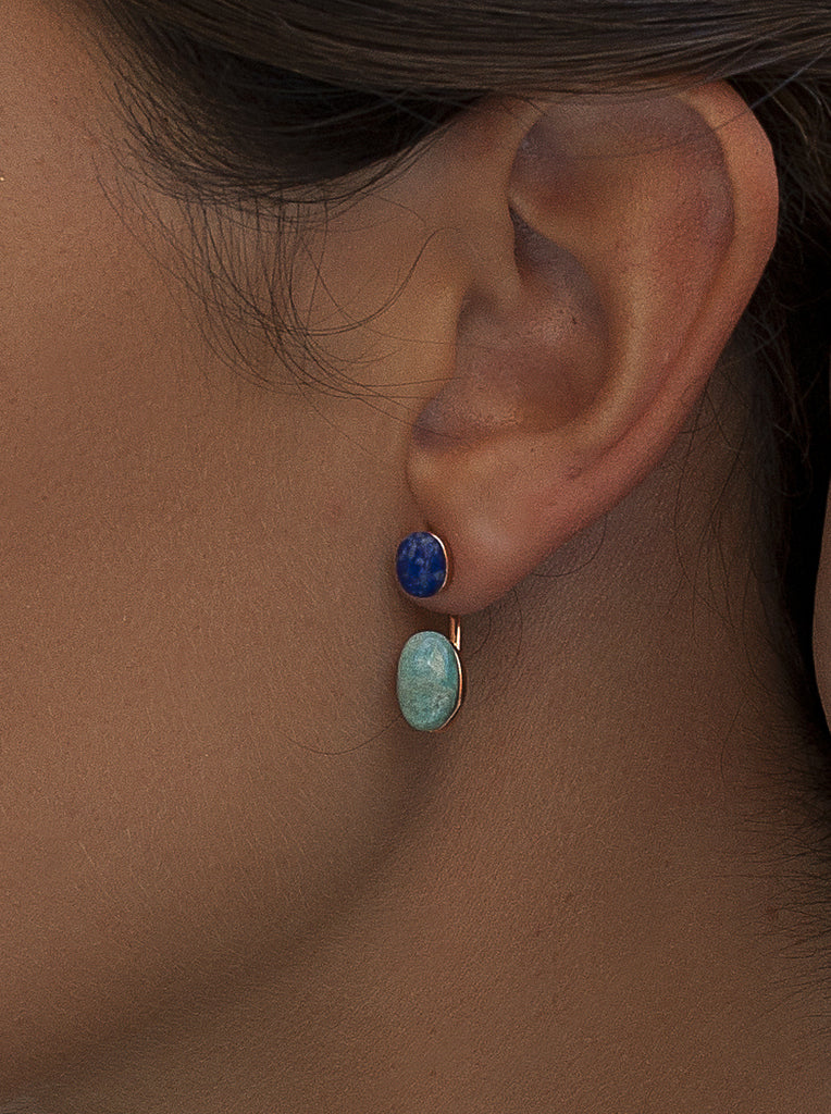 Rose gold-tone silver earrings with blue stones