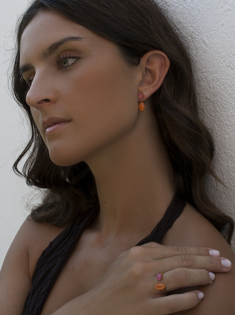 Gold-tone silver earrings with pink and orange stones