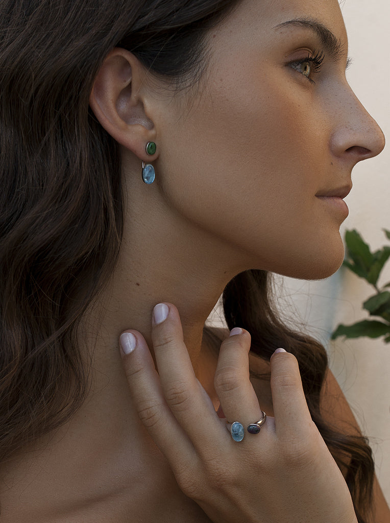 Silver earrings with green and blue cabochon stones