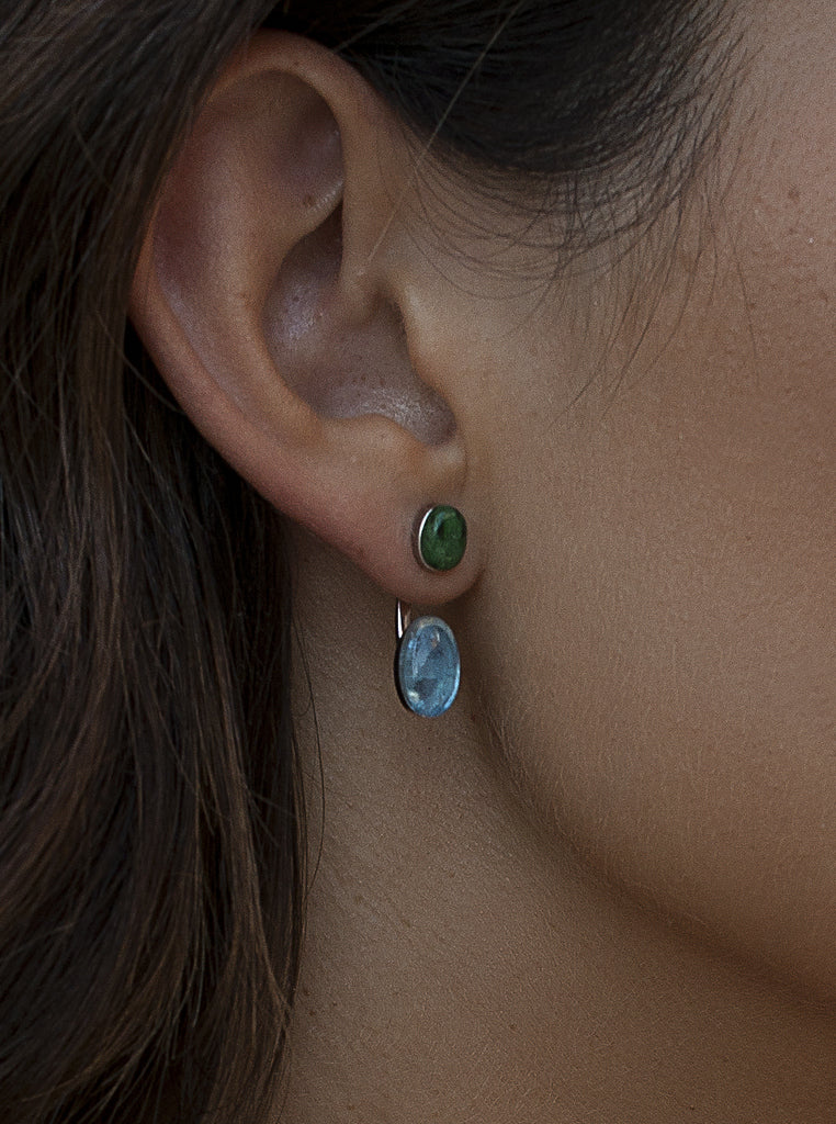 Silver earrings with green and blue cabochon stones