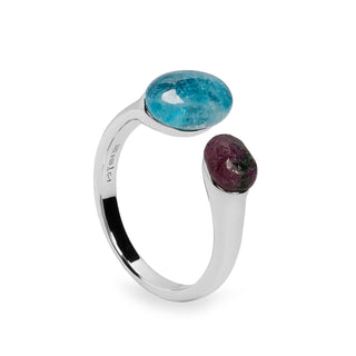Anillo abierto de plata con piedras verde y azul en cabujón