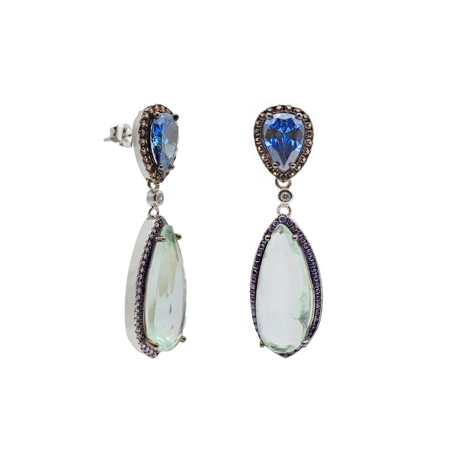 Pendientes largos de plata con gotas azules y circonitas multicolor