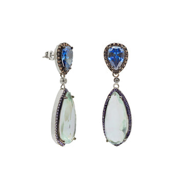 Pendientes largos de plata con gotas azules y circonitas multicolor