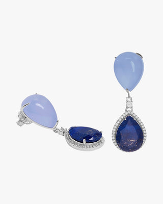 Pendientes largos de plata de ley con piedra azul y halo de circonitas