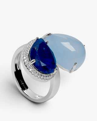 Sterling silver ring with double blue stone and zircons