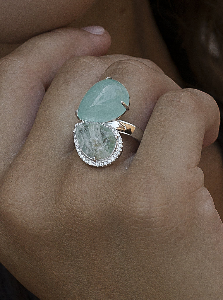 Anillo abierto turquesa de plata con circonitas