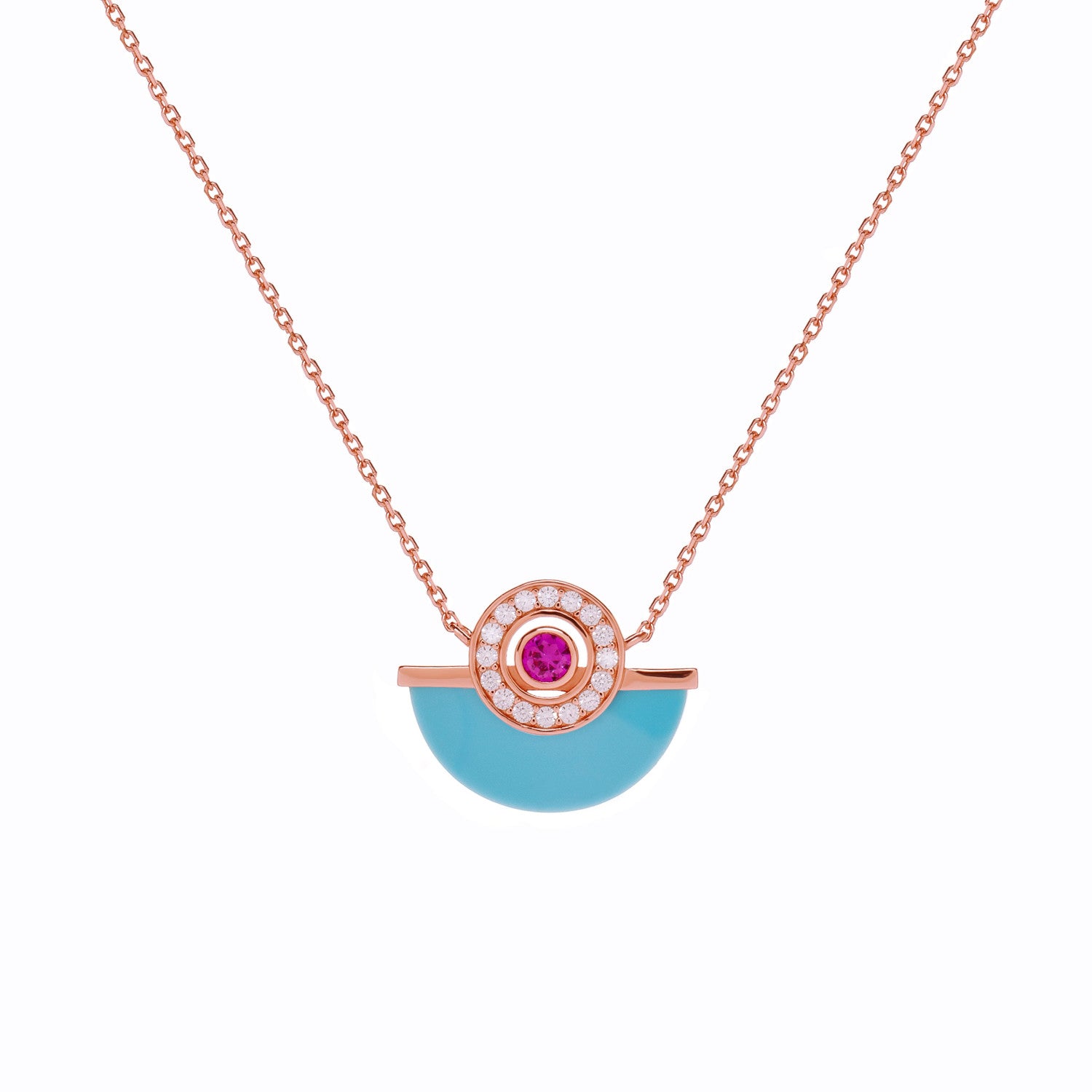 Collar colgante media luna turquesa tono oro rosa con circonitas