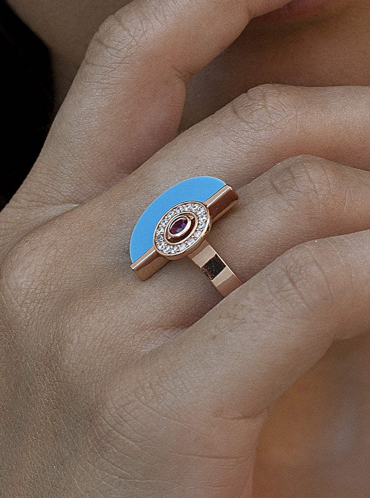 Rose gold-tone turquoise half moon ring with cubic zirconia