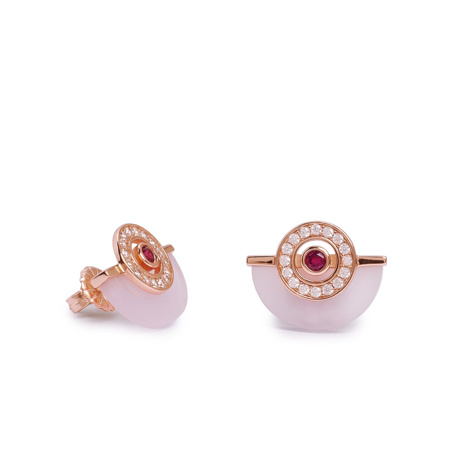 Pendientes media luna rosa tono oro rosa con circonitas