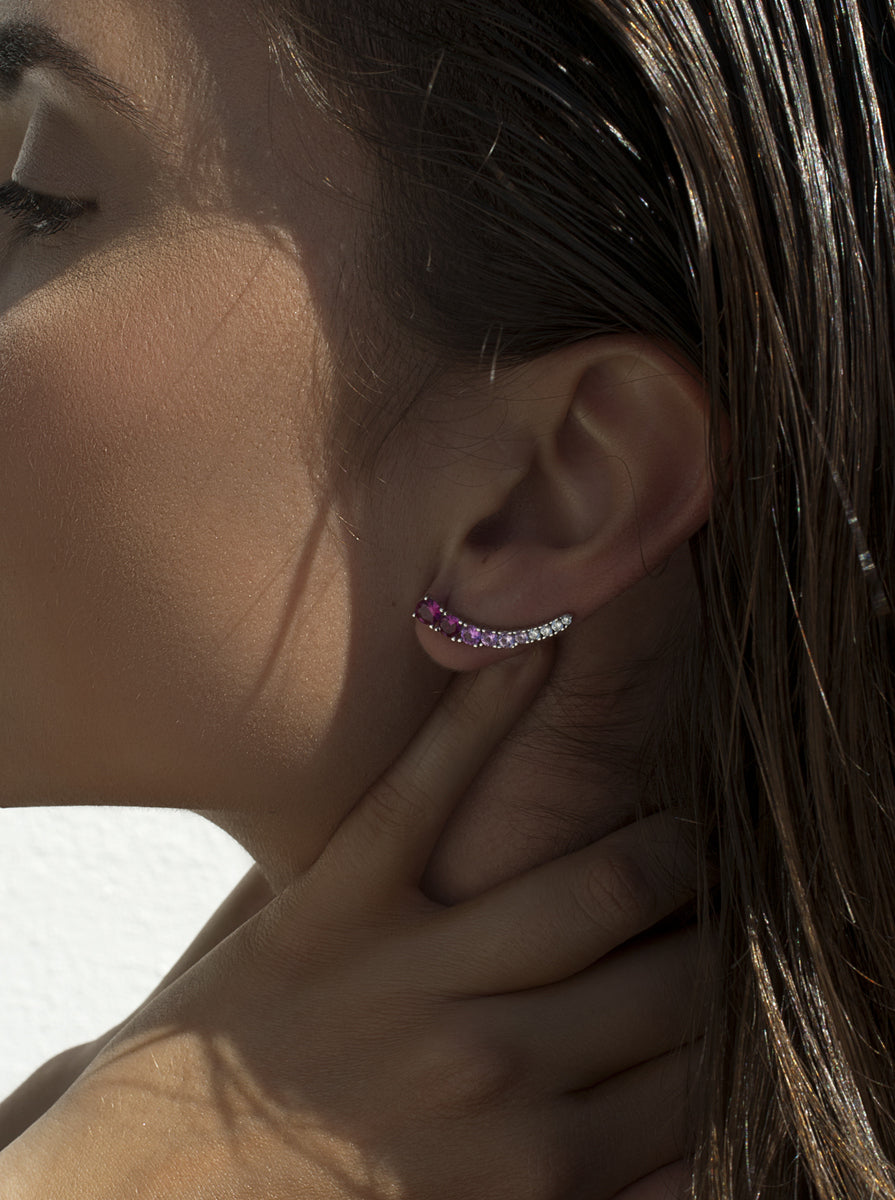 Pendientes trepadores de plata con circonitas rosas y fucsia