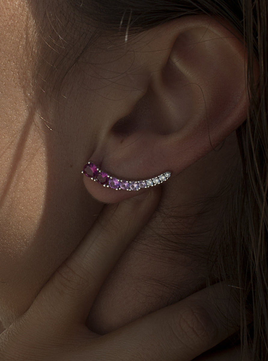 Pendientes trepadores de plata con circonitas rosas y fucsia