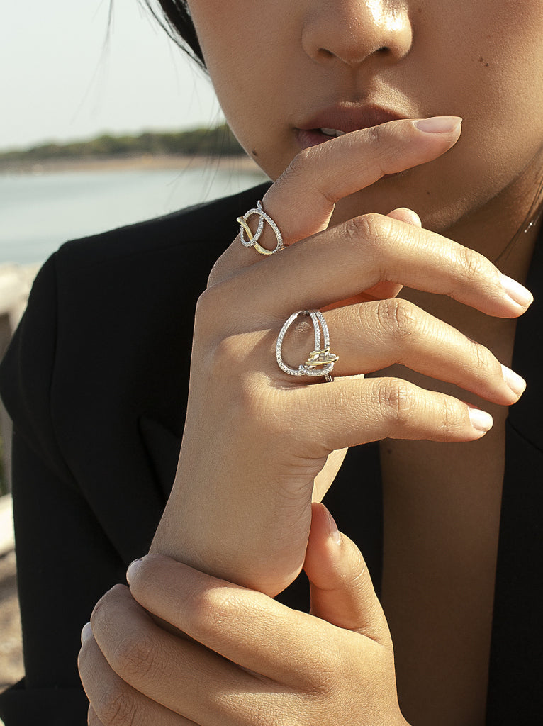 Two-tone silver link ring with cubic zirconia