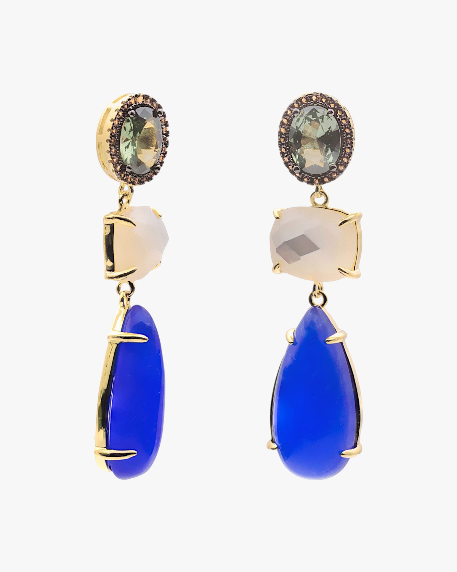 Long gilded silver earrings with blue, white and green stones