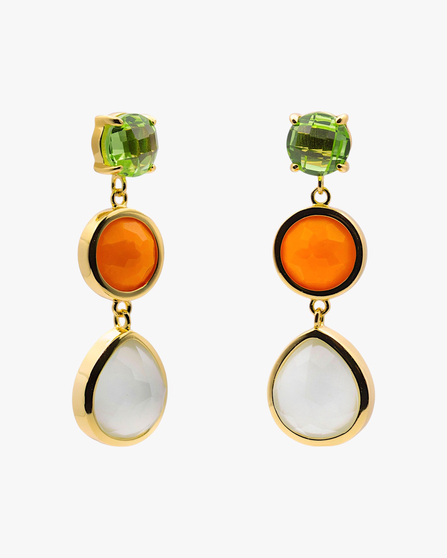 Long gold-plated sterling silver earrings with green, orange, and white stones