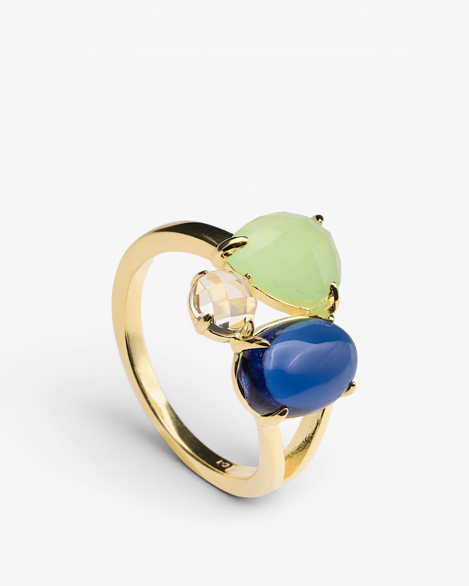 Gold-plated silver ring with lime green, champagne, and cobalt blue stones