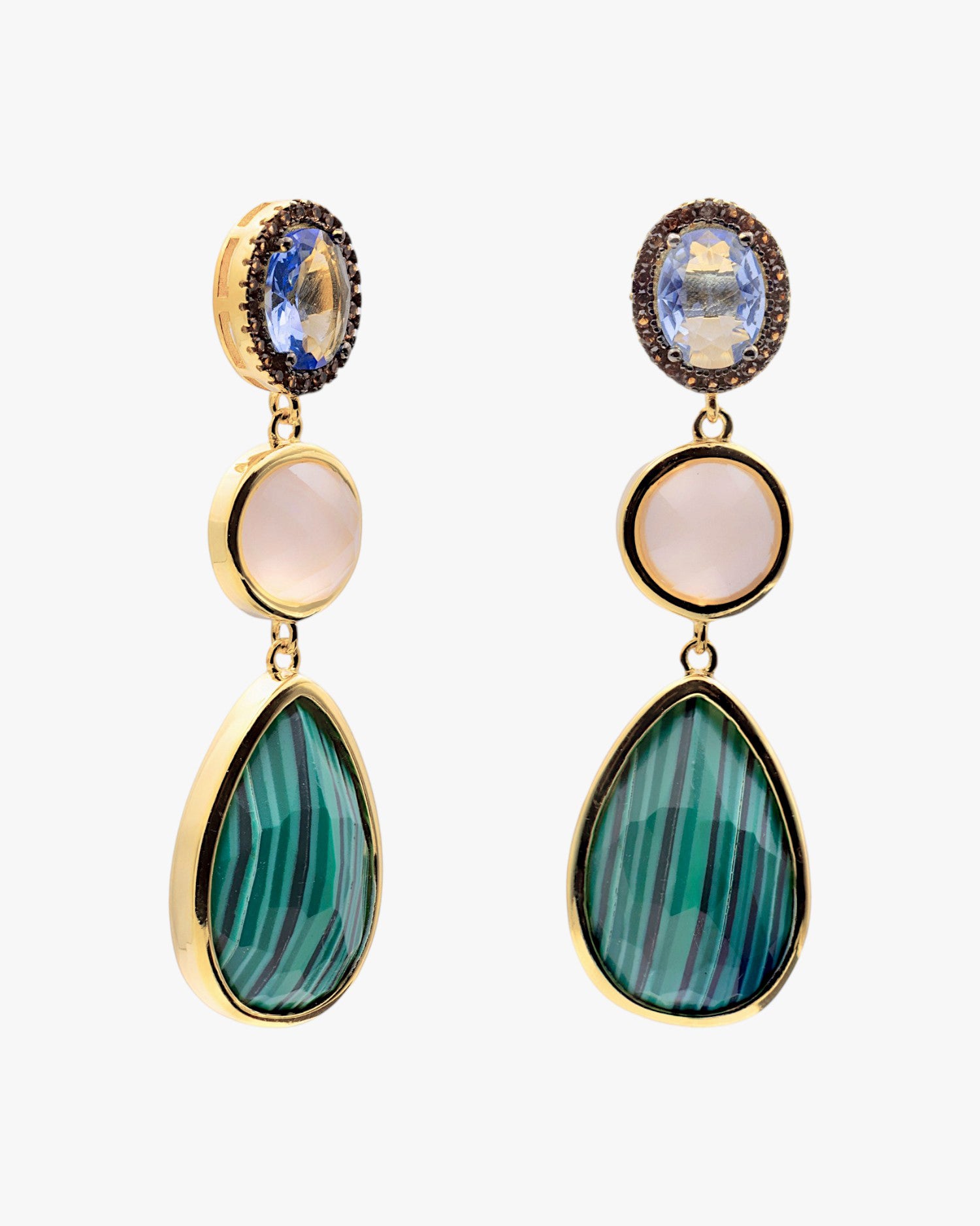 Long silver earrings with malachite, rose quartz and blue glass in a gold finish