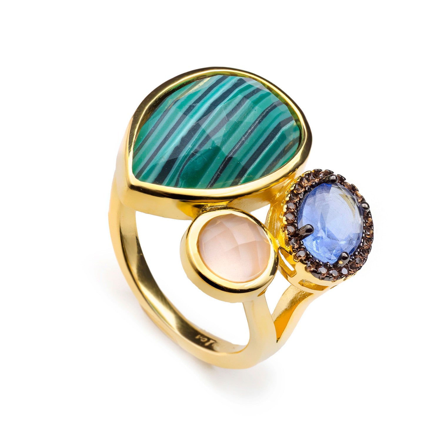 Anillo de plata con malaquita cuarzo rosa y cristal azul con halo en acabado dorado