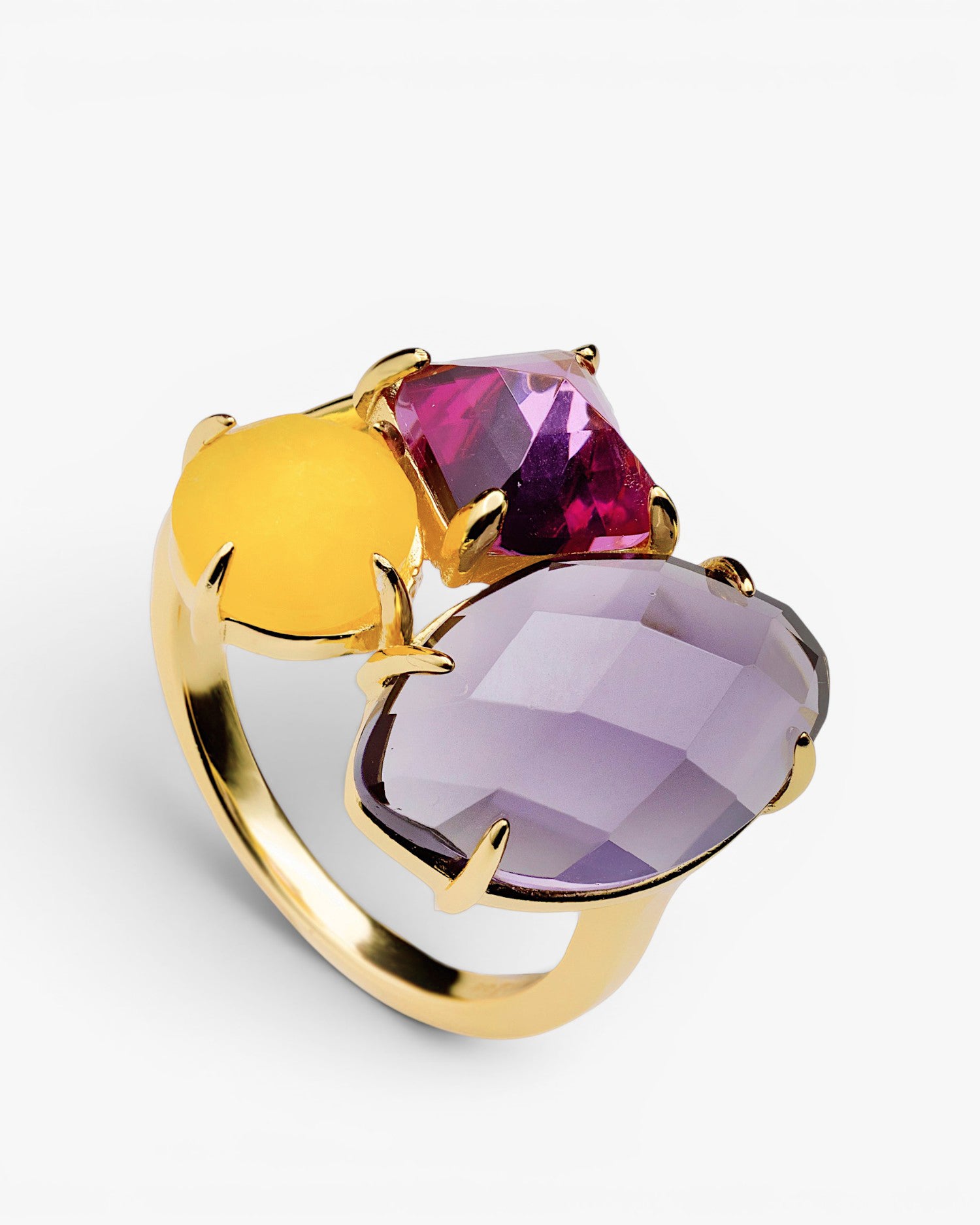 Gold-plated silver ring with purple and yellow stones