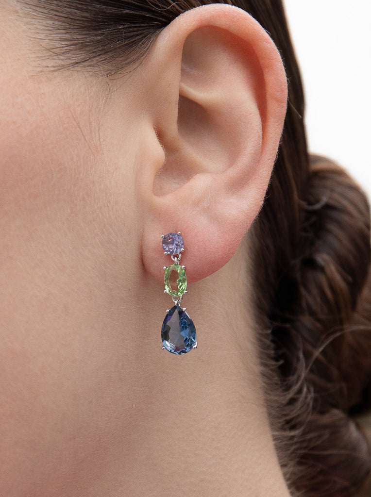 Pendientes largos tricolor en gota de plata tono azul
