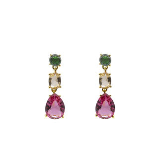 Pendientes largos tricolor fucsia en plata dorada