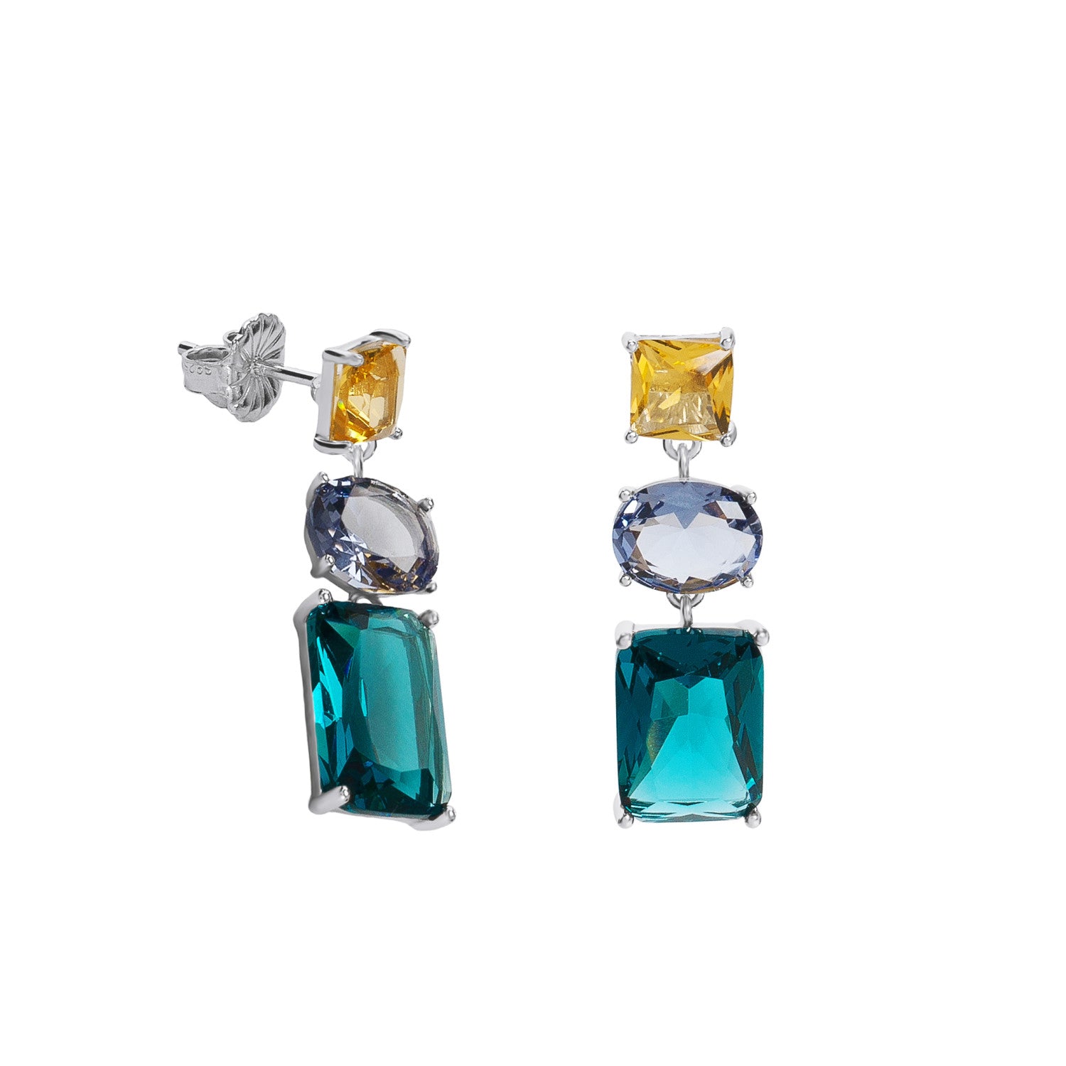 Pendientes geométricos de plata de tres cuerpos en azul petróleo y miel