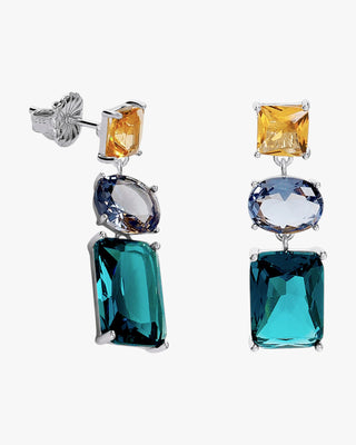 Pendientes geométricos de plata de tres cuerpos en azul petróleo y miel
