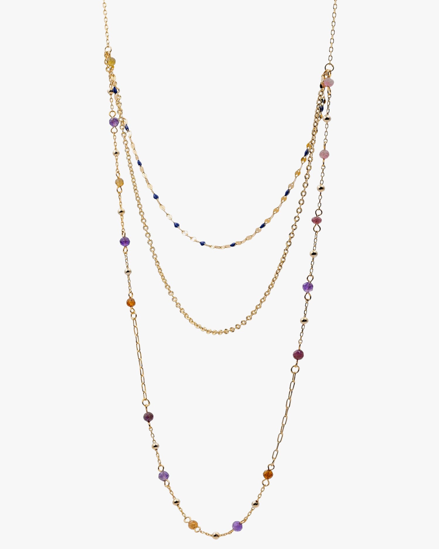 Collar multicapa lavanda de plata bañada en oro con piedras