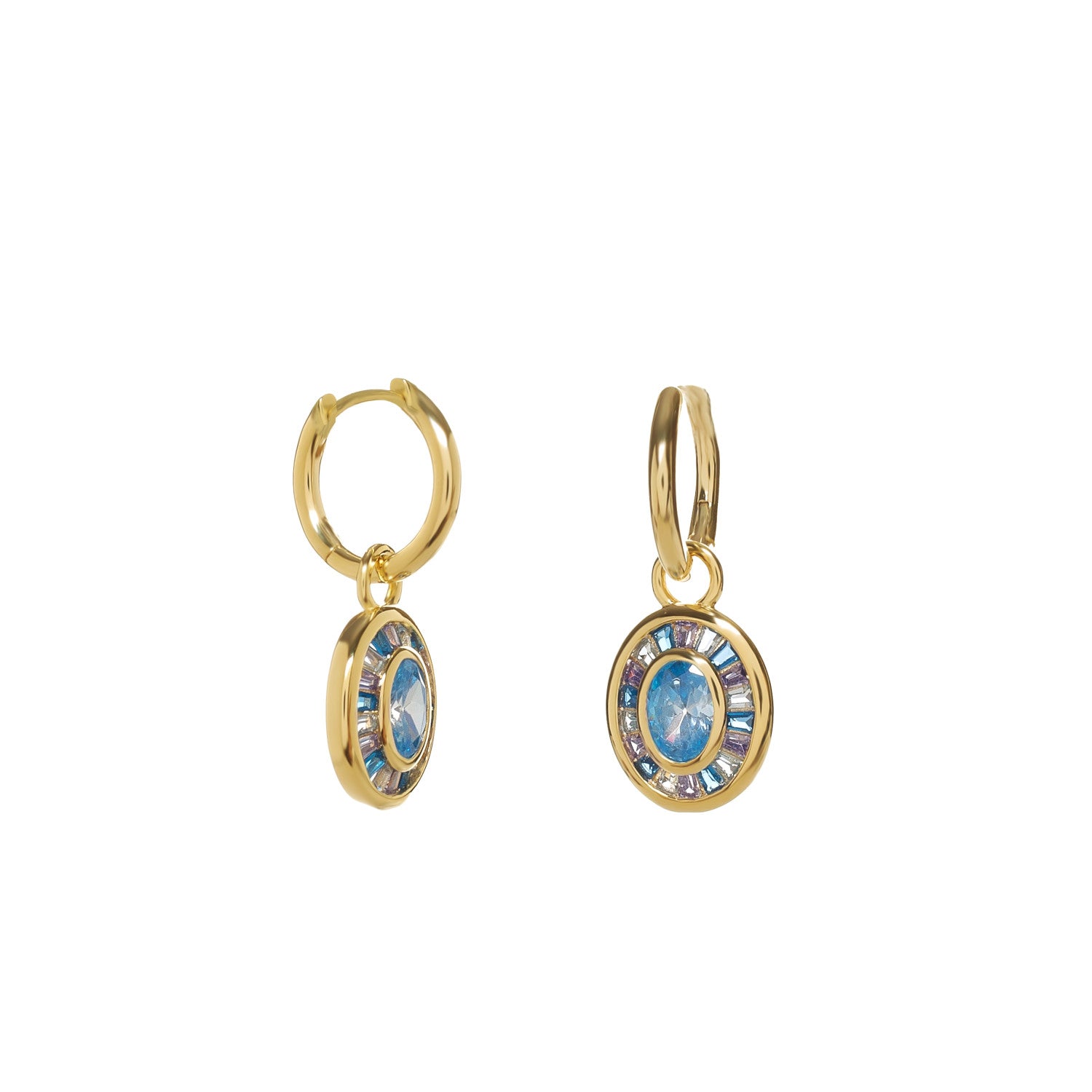 Pendientes aro halo azul en plata bañada en oro con circonitas