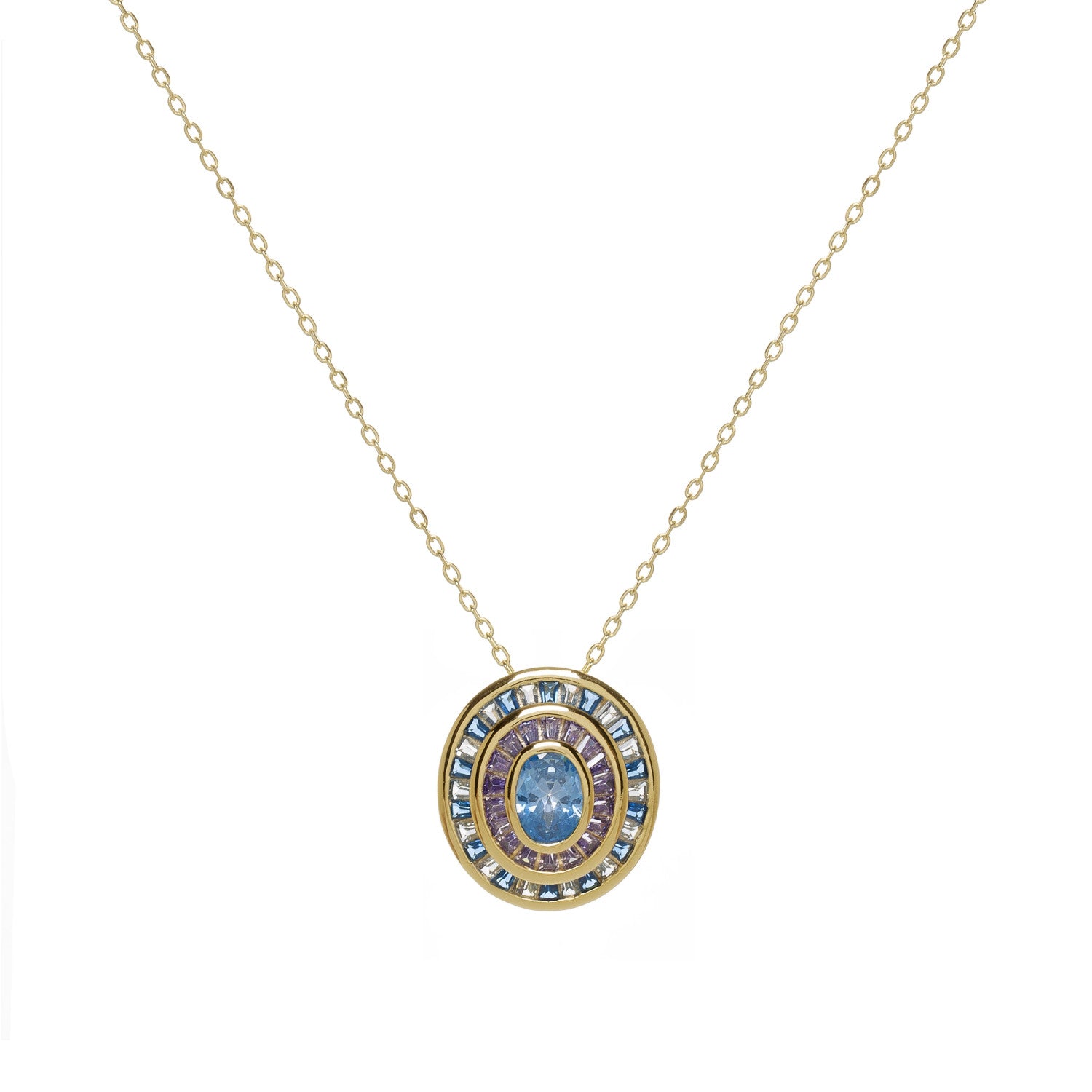 Collar colgante halo azul en plata bañada en oro con circonitas