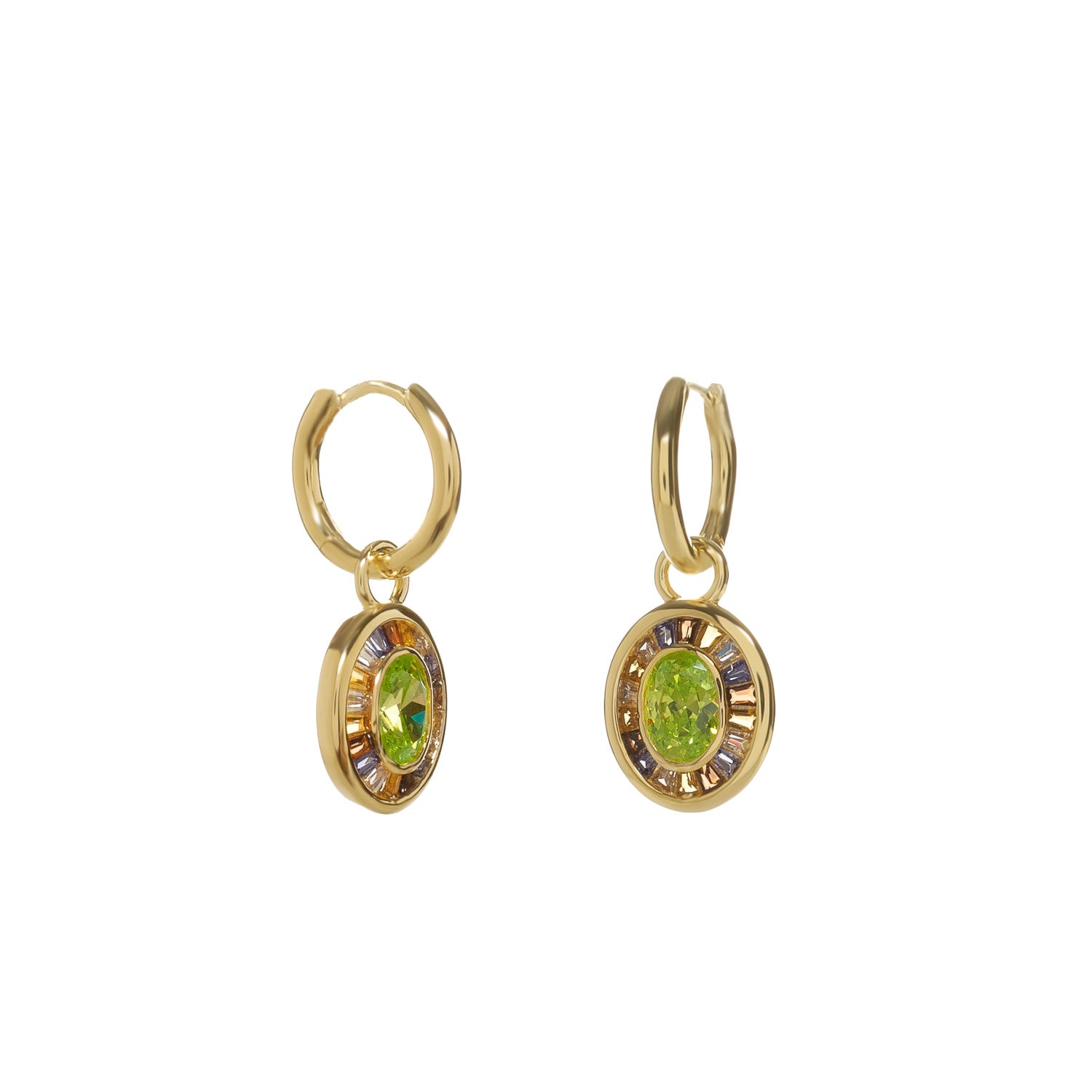 Pendientes aro halo verde en plata bañada en oro con circonitas