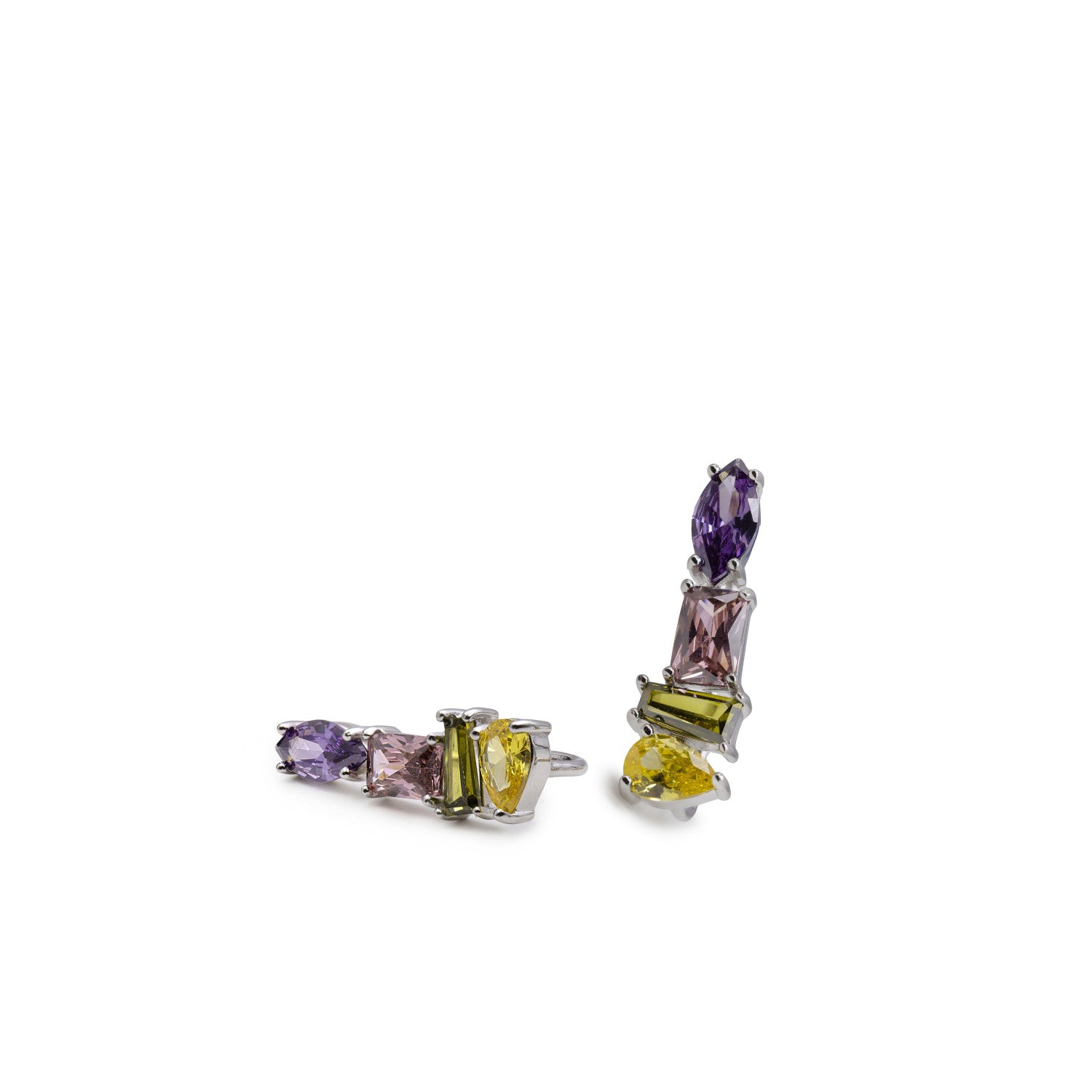 Pendientes trepadores de plata con piedras multicolor violeta y ámbar