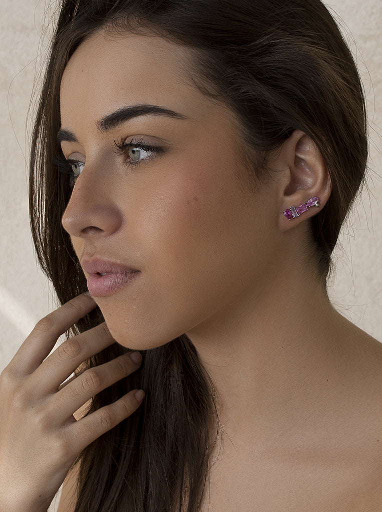 Pendientes trepadores de plata con piedras rosas y lilas