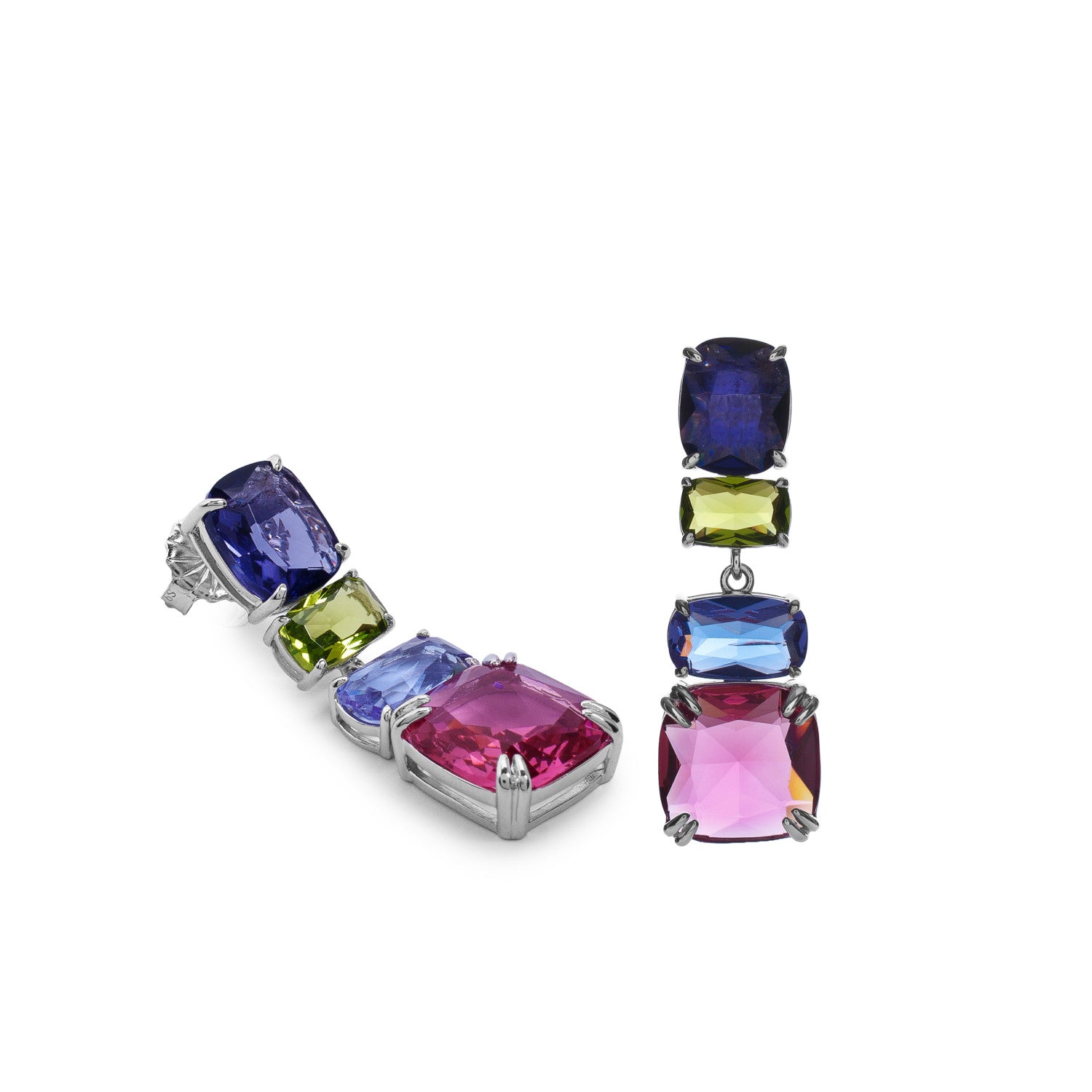 Pendientes largos de plata con piedras amarilla azul cielo rosa y turquesa