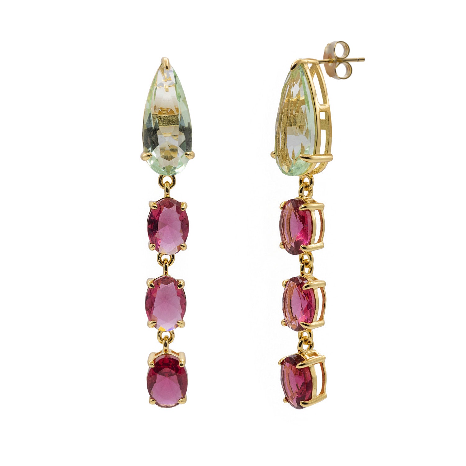 Pendientes largos de plata bañada en oro con piedras verdes y fucsias