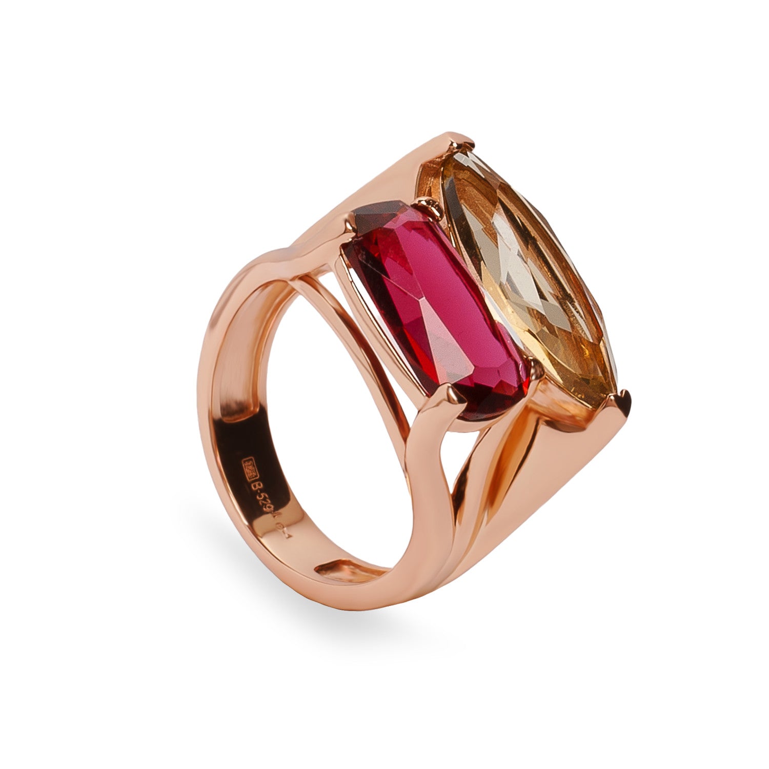 Anillo de plata bañada en oro rosa con piedras rosa frambuesa y champán