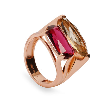 Rose gold-plated silver ring with raspberry pink and champagne stones