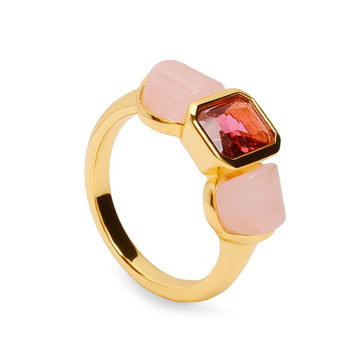 Anillo de plata dorado con piedra rosa y ópalo